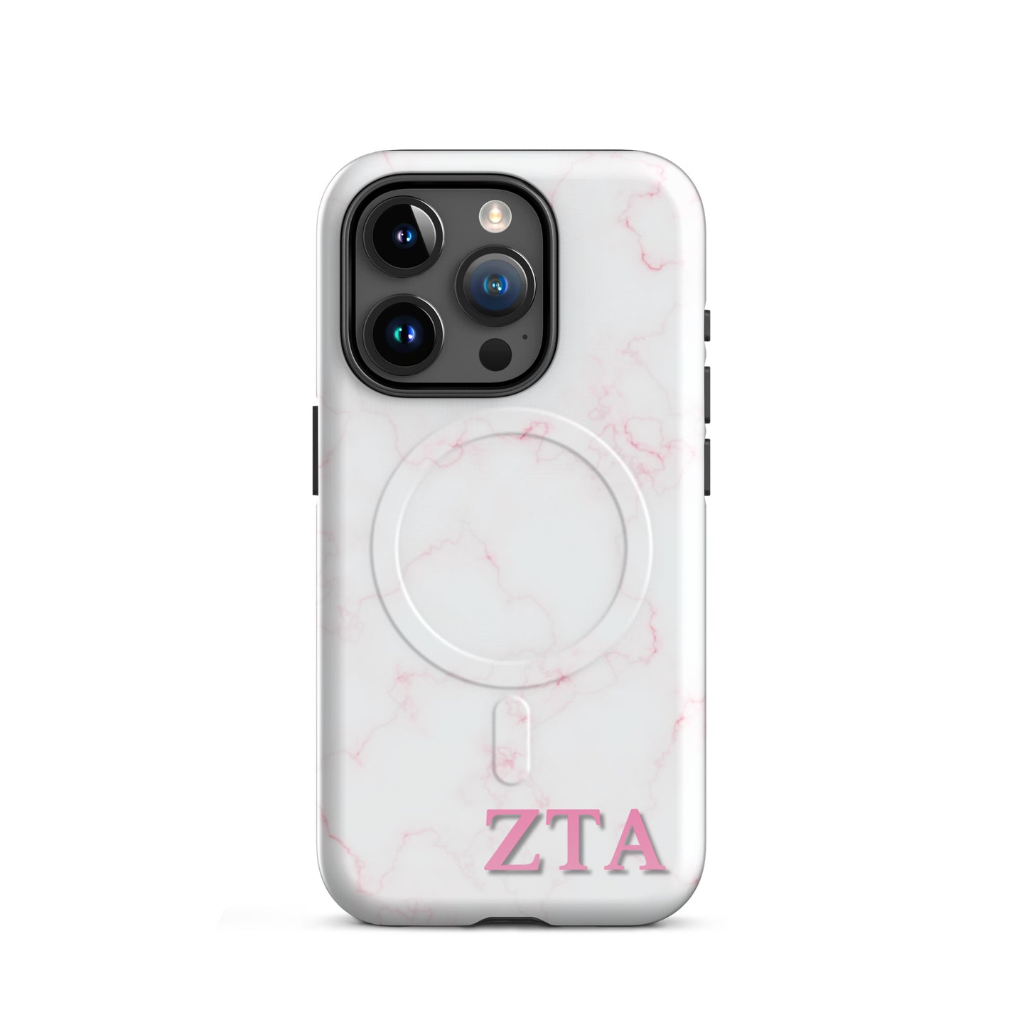 Zeta Tau Alpha marble iPhone 15 Pro case with soft pink veining and pink ZTA Greek letters MagSafe compatible on white background