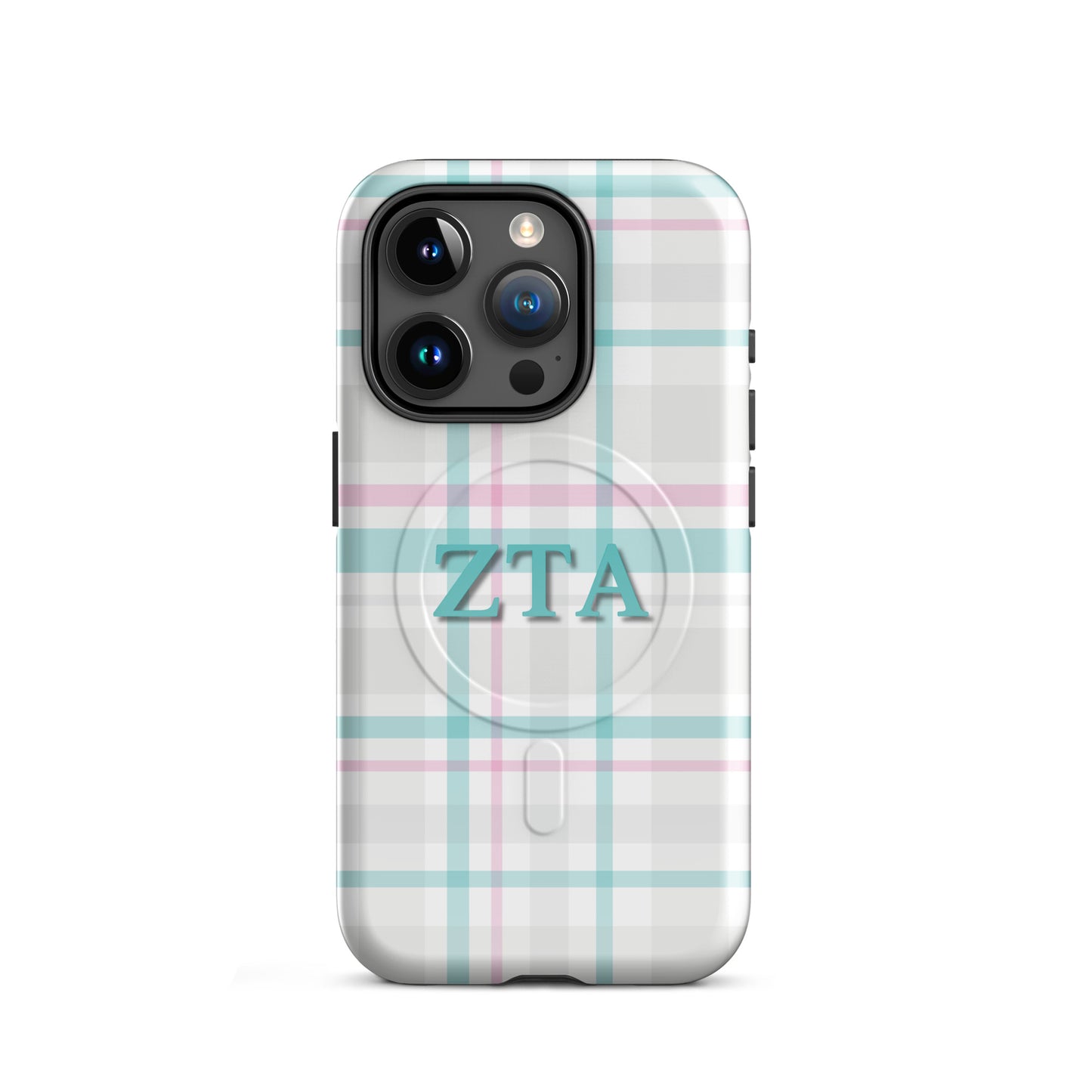 Zeta Tau Alpha plaid iPhone 15 Pro case with pastel teal and pink tartan pattern and ZTA Greek letters MagSafe compatible on white background