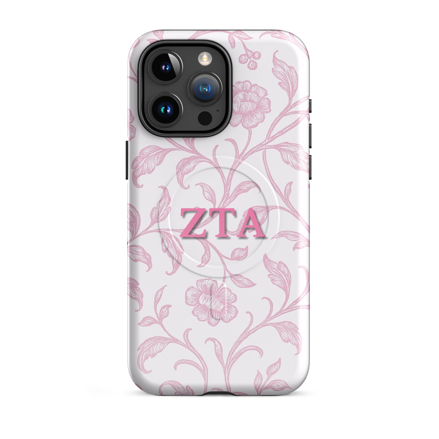 Zeta Tau Alpha ZTA iPhone 15 Pro Max case with pink floral toile pattern and MagSafe ring close-up on white background