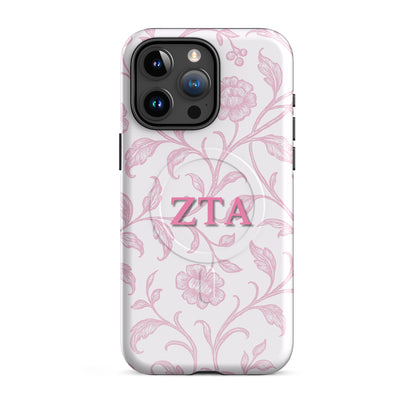 Alpha Chi Omega® MagSafe® tough case for iPhone® - Floral Toile with Scarlet Greek Letters