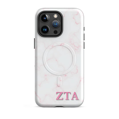 Zeta Tau Alpha ZTA iPhone 15 Pro Max case white marble design with light pink veins and MagSafe ring close-up on white background