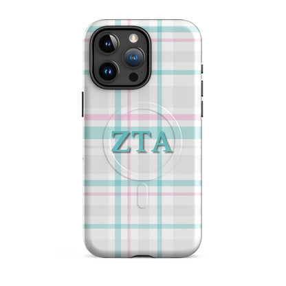 Zeta Tau Alpha ZTA iPhone 15 Pro Max case pastel plaid design with teal and pink lines and MagSafe ring close-up on white background