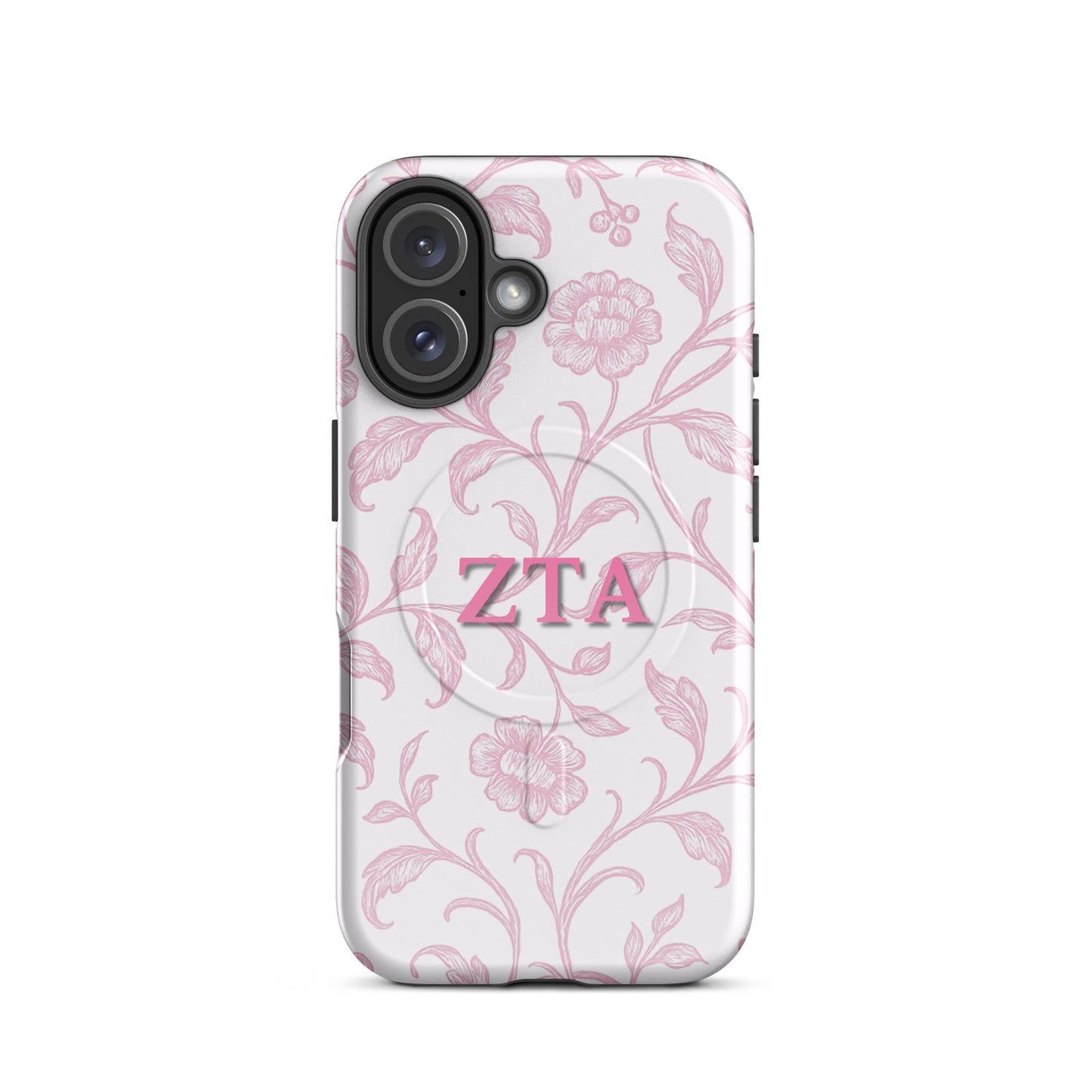 Zeta Tau Alpha iPhone 16 case with blush floral pattern pink ZTA letters MagSafe compatible slim case on white background