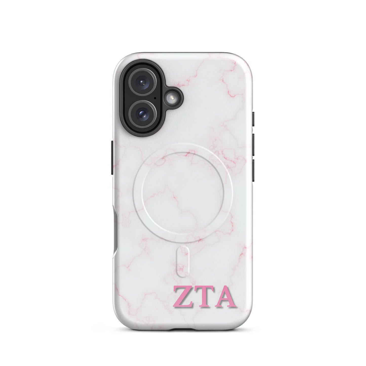 Zeta Tau Alpha iPhone 16 case with blush marble pattern pink ZTA letters MagSafe compatible slim case on white background