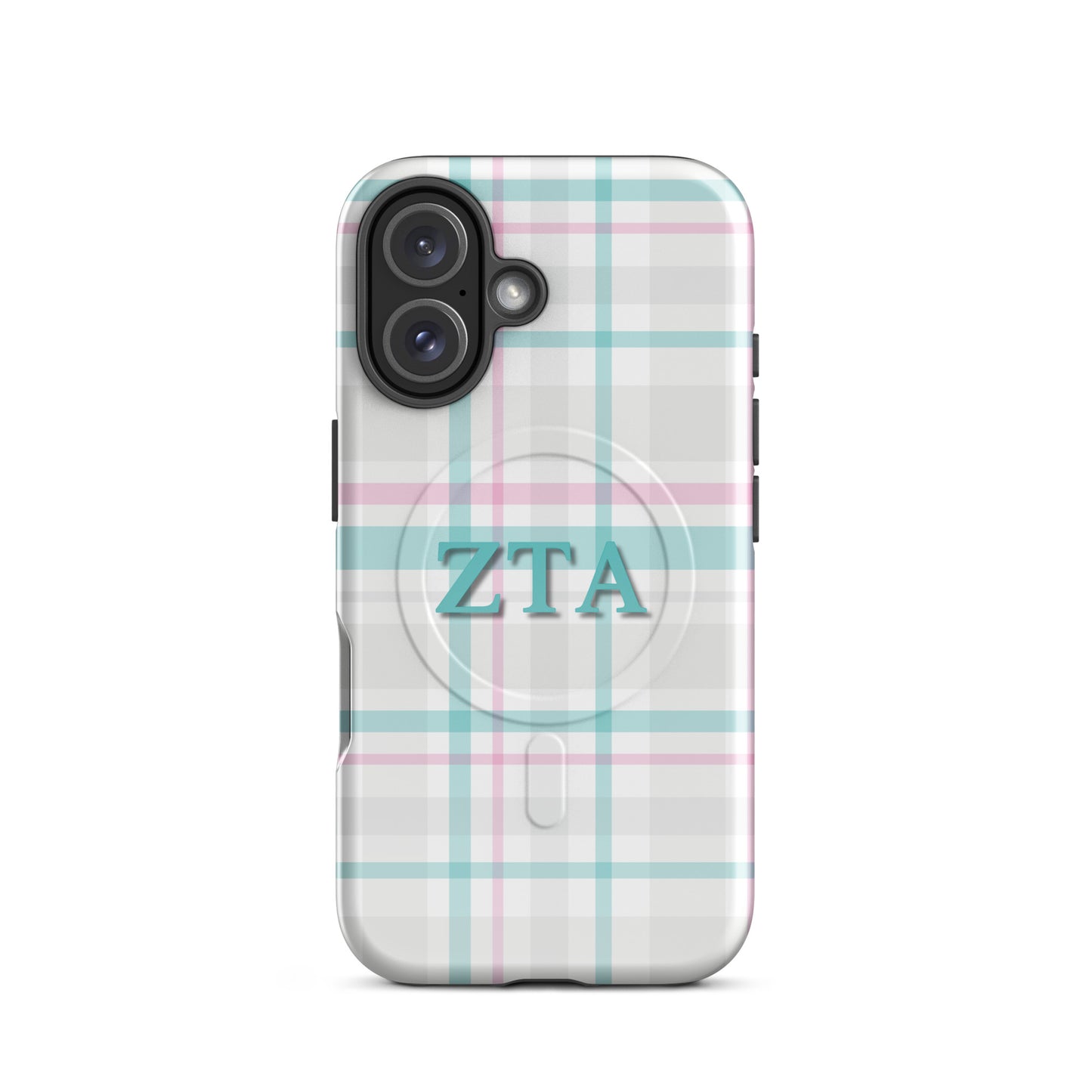 Zeta Tau Alpha iPhone 16 case with soft pastel plaid pattern teal and pink ZTA letters MagSafe compatible slim case on white background
