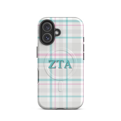 Zeta Tau Alpha iPhone 16 case with soft pastel plaid pattern teal and pink ZTA letters MagSafe compatible slim case on white background