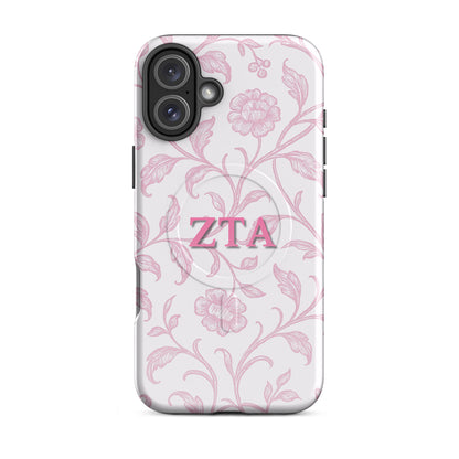 Zeta Tau Alpha floral toile iPhone 16 Plus case with pink vine pattern and ZTA Greek letters MagSafe compatible on white background