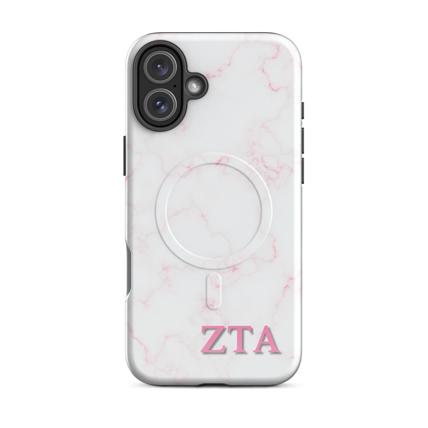 Zeta Tau Alpha marble iPhone 16 Plus case with soft pink veining and pink ZTA Greek letters MagSafe compatible on white background