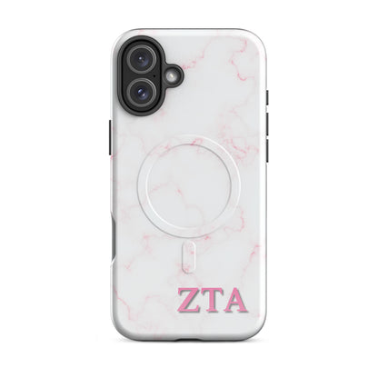 Zeta Tau Alpha marble iPhone 16 Plus case with soft pink veining and pink ZTA Greek letters MagSafe compatible on white background