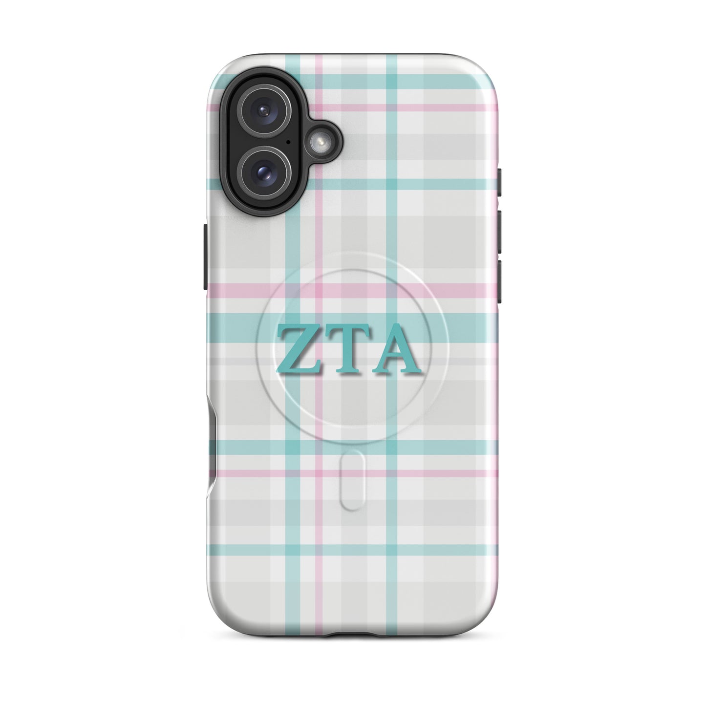 Zeta Tau Alpha plaid iPhone 16 Plus case with pastel teal and pink tartan pattern and ZTA Greek letters MagSafe compatible on white background