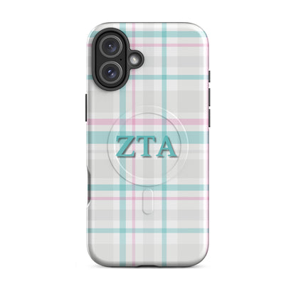 Zeta Tau Alpha plaid iPhone 16 Plus case with pastel teal and pink tartan pattern and ZTA Greek letters MagSafe compatible on white background
