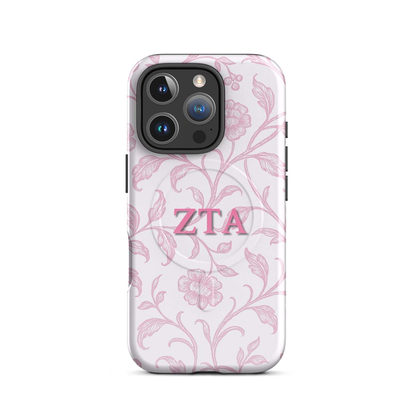 Zeta Tau Alpha ZTA iPhone 16 Pro case with pink floral toile pattern and MagSafe ring close-up on white background
