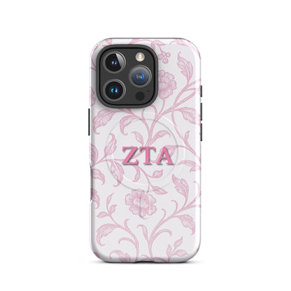 Zeta Tau Alpha ZTA iPhone 16 Pro case with pink floral toile pattern and MagSafe ring close-up on white background