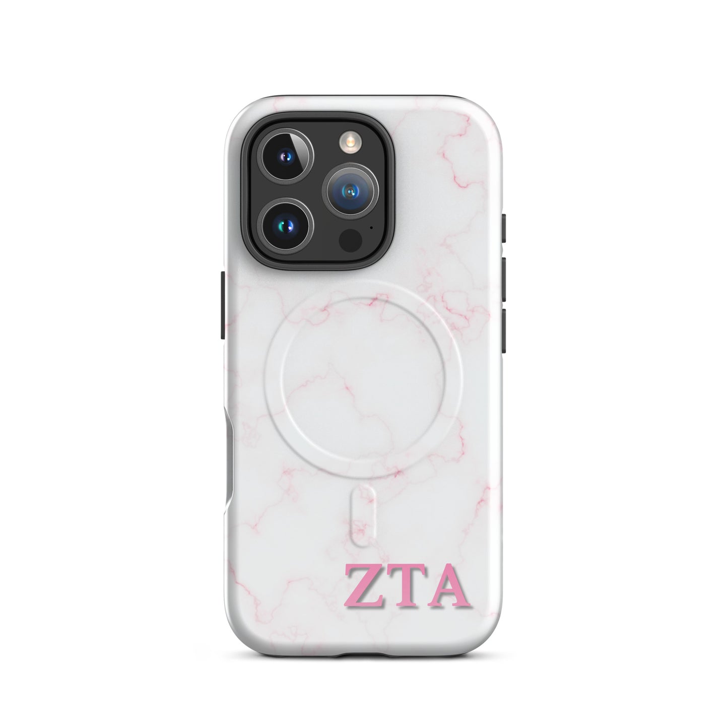Zeta Tau Alpha ZTA iPhone 16 Pro case white marble design with light pink veins and MagSafe ring close-up on white background