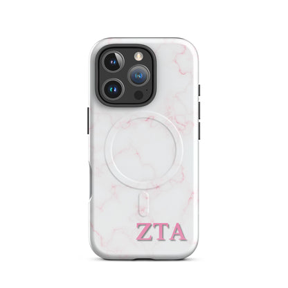 Zeta Tau Alpha ZTA iPhone 16 Pro case white marble design with light pink veins and MagSafe ring close-up on white background