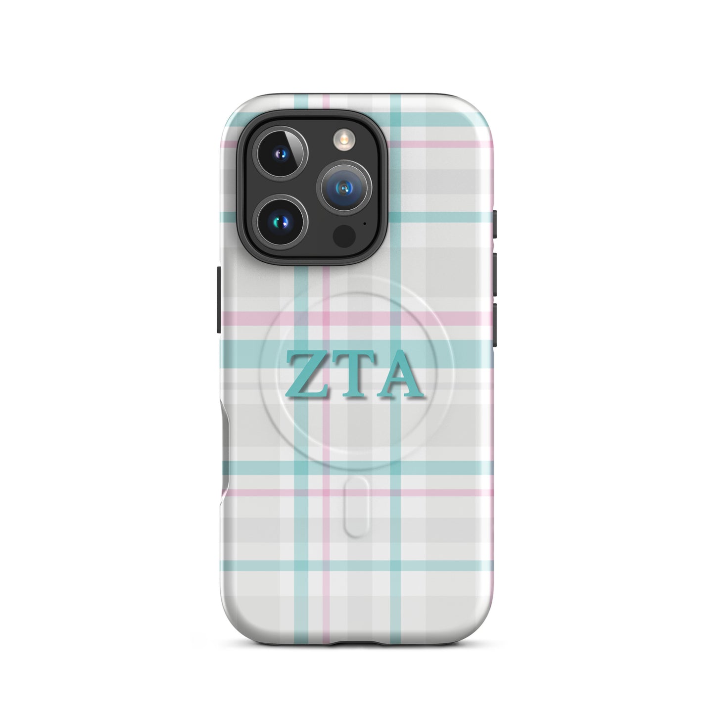 Zeta Tau Alpha ZTA iPhone 16 Pro case pastel plaid design with teal and pink lines and MagSafe ring close-up on white background