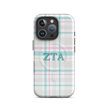 Zeta Tau Alpha ZTA iPhone 16 Pro case pastel plaid design with teal and pink lines and MagSafe ring close-up on white background