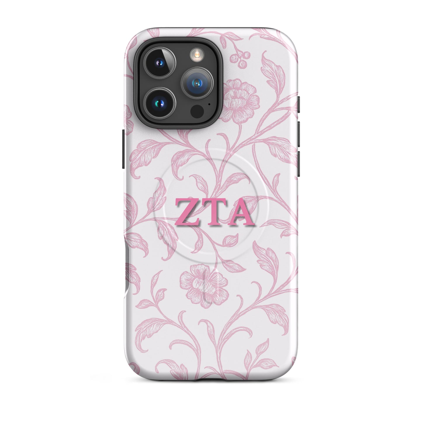 Zeta Tau Alpha iPhone 16 Pro Max case with blush floral pattern pink ZTA letters MagSafe compatible slim case on white background