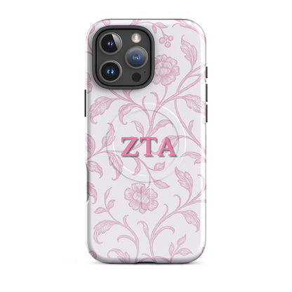 Zeta Tau Alpha iPhone 16 Pro Max case with blush floral pattern pink ZTA letters MagSafe compatible slim case on white background