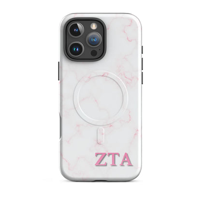 Zeta Tau Alpha iPhone 16 Pro Max case with blush marble pattern pink ZTA letters MagSafe compatible slim case on white background