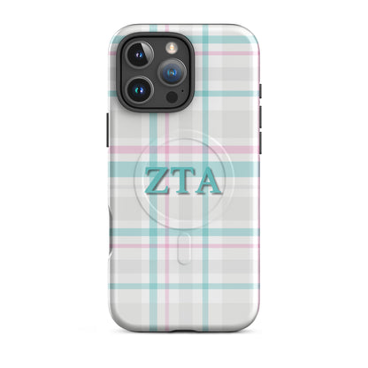 Zeta Tau Alpha iPhone 16 Pro Max case with soft pastel plaid pattern teal and pink ZTA letters MagSafe compatible slim case on white background