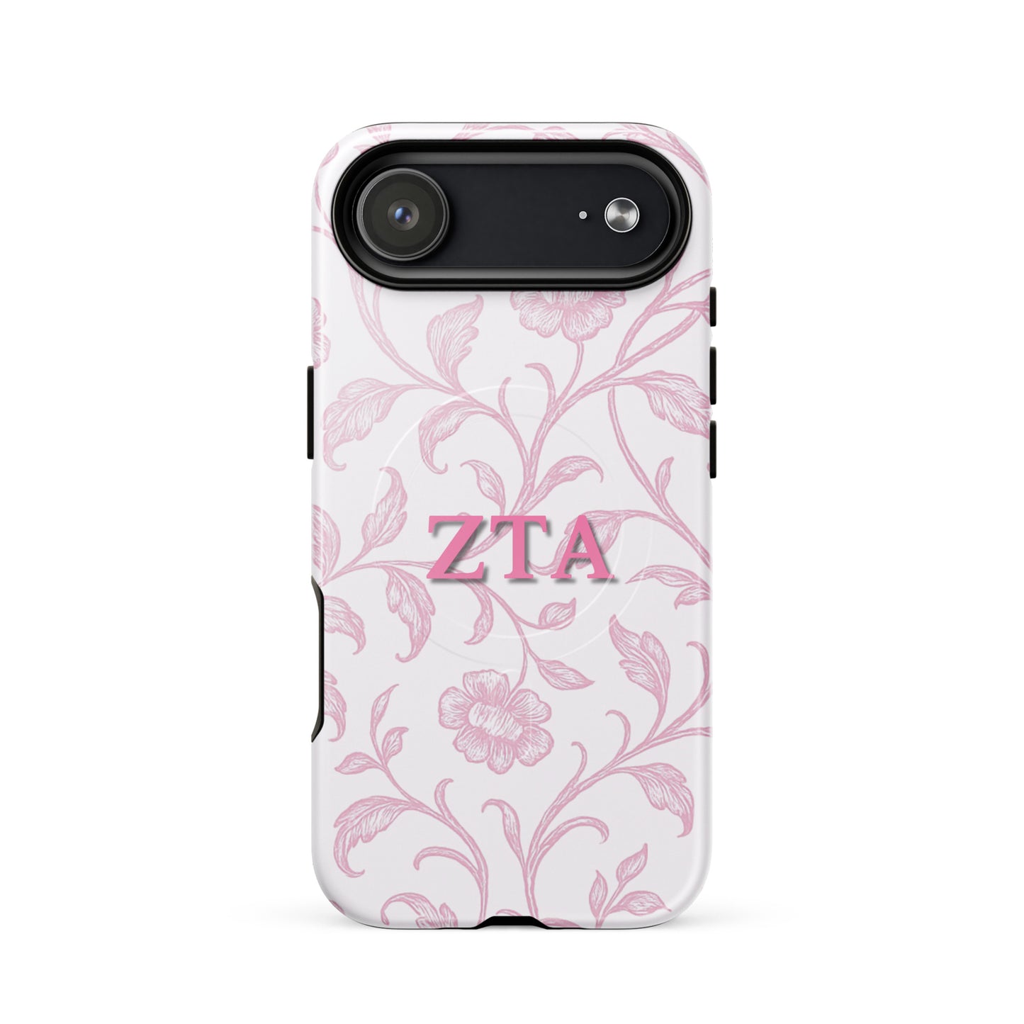 Zeta Tau Alpha ZTA iPhone 17 Air case with pink floral toile pattern and MagSafe ring close-up on white background