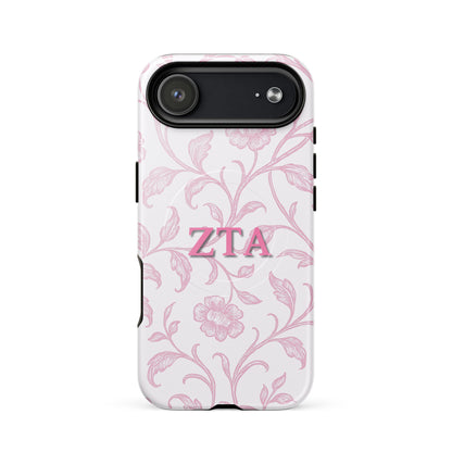 Zeta Tau Alpha ZTA iPhone 17 Air case with pink floral toile pattern and MagSafe ring close-up on white background