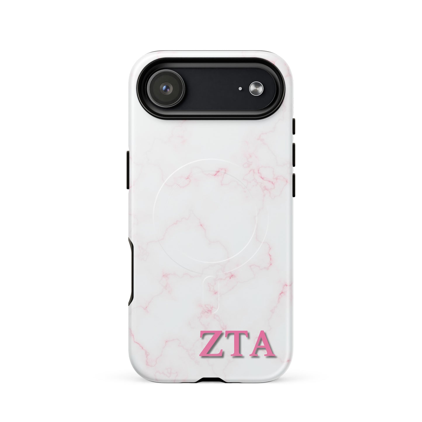 Zeta Tau Alpha ZTA iPhone 17 Air case white marble design with light pink veins and MagSafe ring close-up on white background