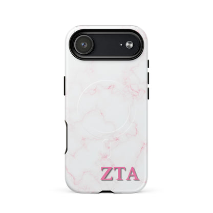 Zeta Tau Alpha ZTA iPhone 17 Air case white marble design with light pink veins and MagSafe ring close-up on white background