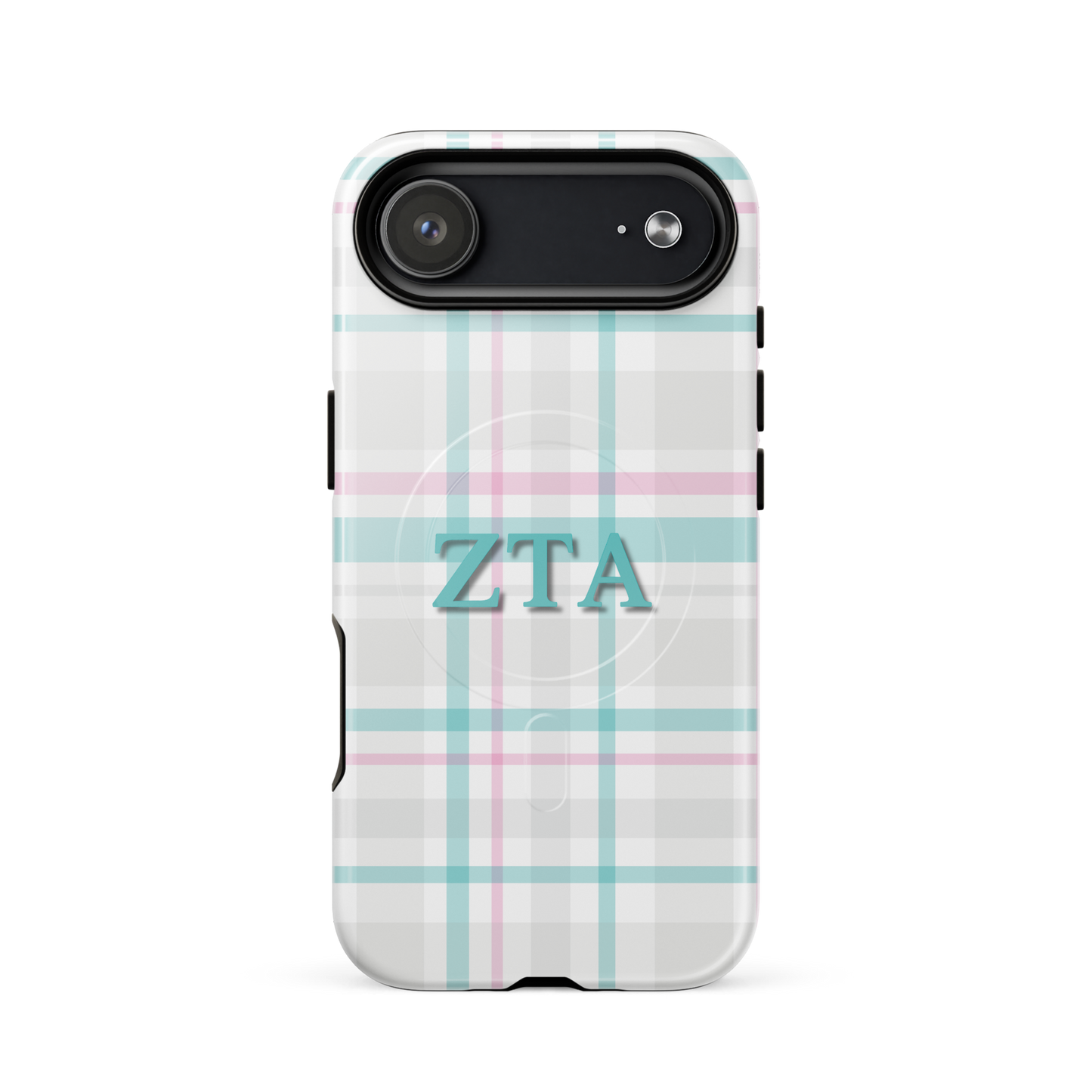 Zeta Tau Alpha ZTA iPhone 17 Air case pastel plaid design with teal and pink lines and MagSafe ring close-up on white background