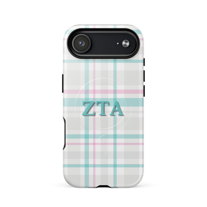 Zeta Tau Alpha ZTA iPhone 17 Air case pastel plaid design with teal and pink lines and MagSafe ring close-up on white background