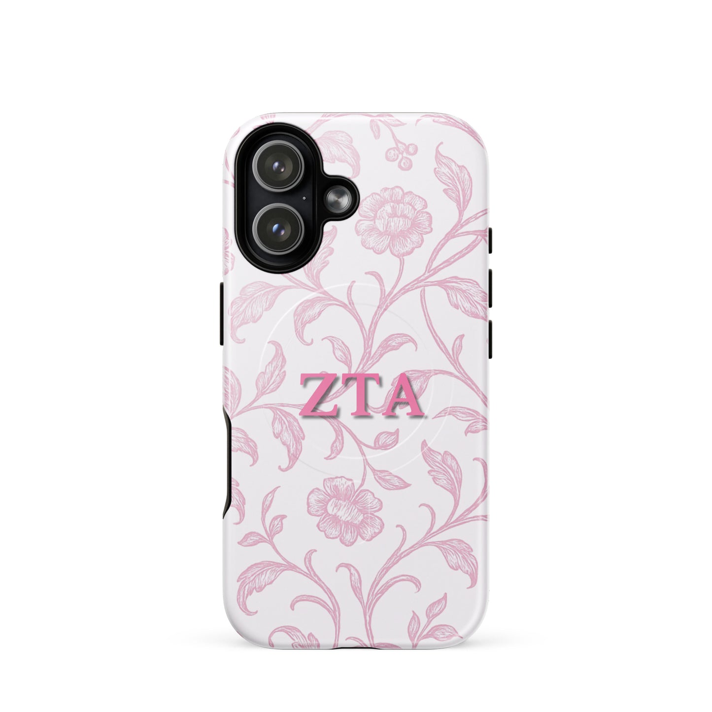 Zeta Tau Alpha floral toile iPhone 17 case with pink vine pattern and ZTA Greek letters MagSafe compatible on white background