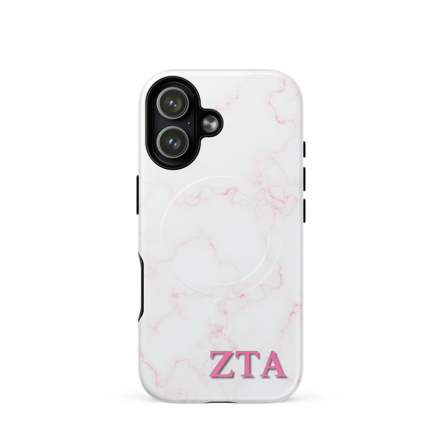 Zeta Tau Alpha marble iPhone 17 case with soft pink veining and pink ZTA Greek letters MagSafe compatible on white background