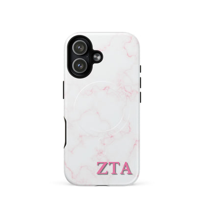Zeta Tau Alpha marble iPhone 17 case with soft pink veining and pink ZTA Greek letters MagSafe compatible on white background
