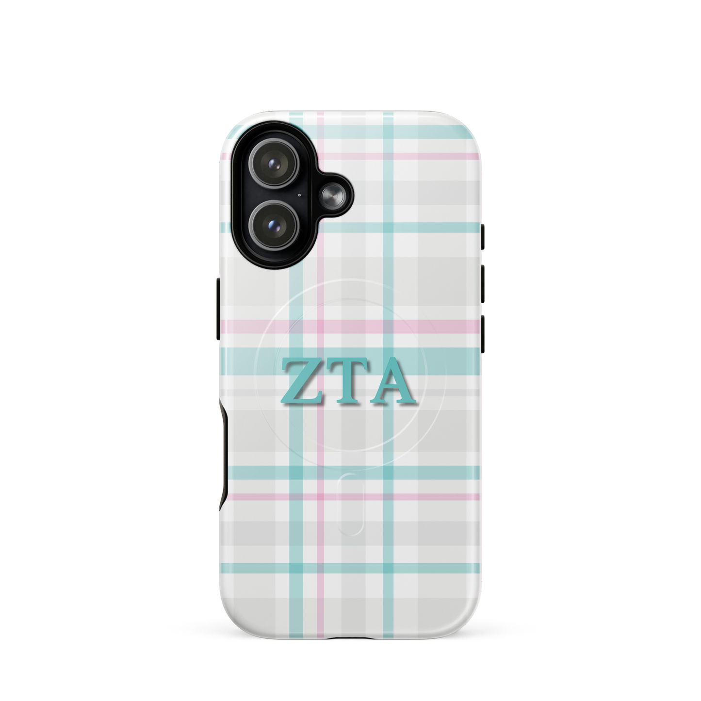 Zeta Tau Alpha plaid iPhone 17 case with pastel teal and pink tartan pattern and ZTA Greek letters MagSafe compatible on white background