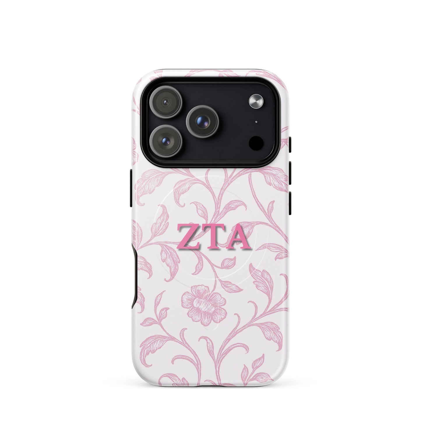 Zeta Tau Alpha iPhone 17 Pro case with blush floral pattern pink ZTA letters MagSafe compatible slim case on white background