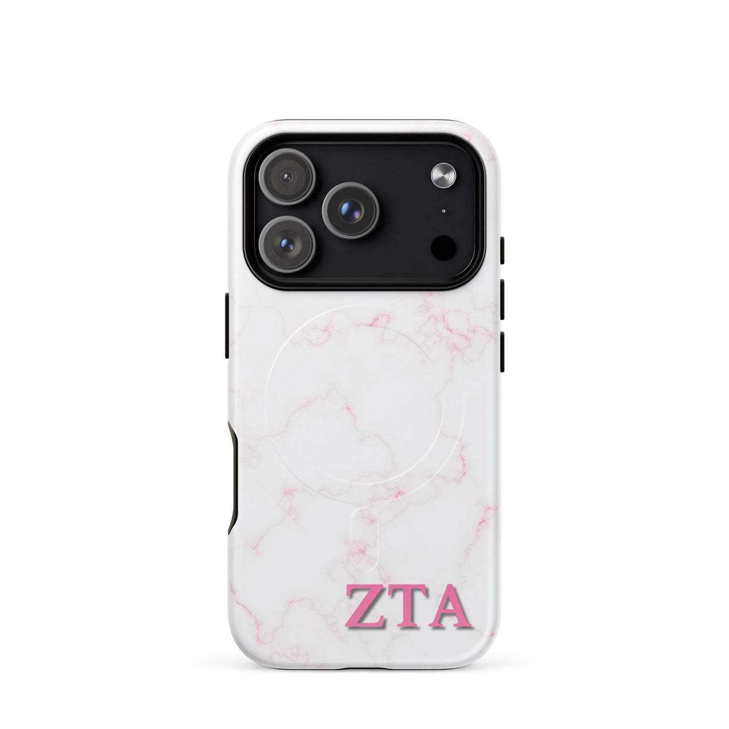 Zeta Tau Alpha iPhone 17 Pro case with blush marble pattern pink ZTA letters MagSafe compatible slim case on white background