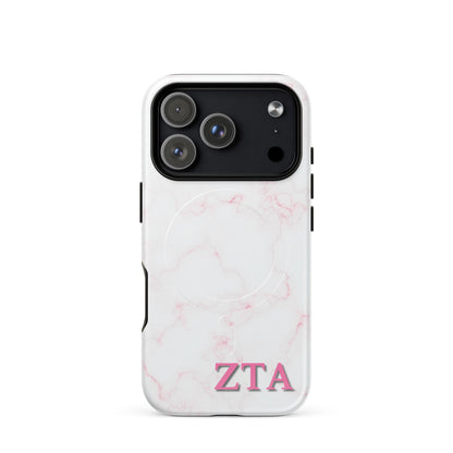 Zeta Tau Alpha iPhone 17 Pro case with blush marble pattern pink ZTA letters MagSafe compatible slim case on white background