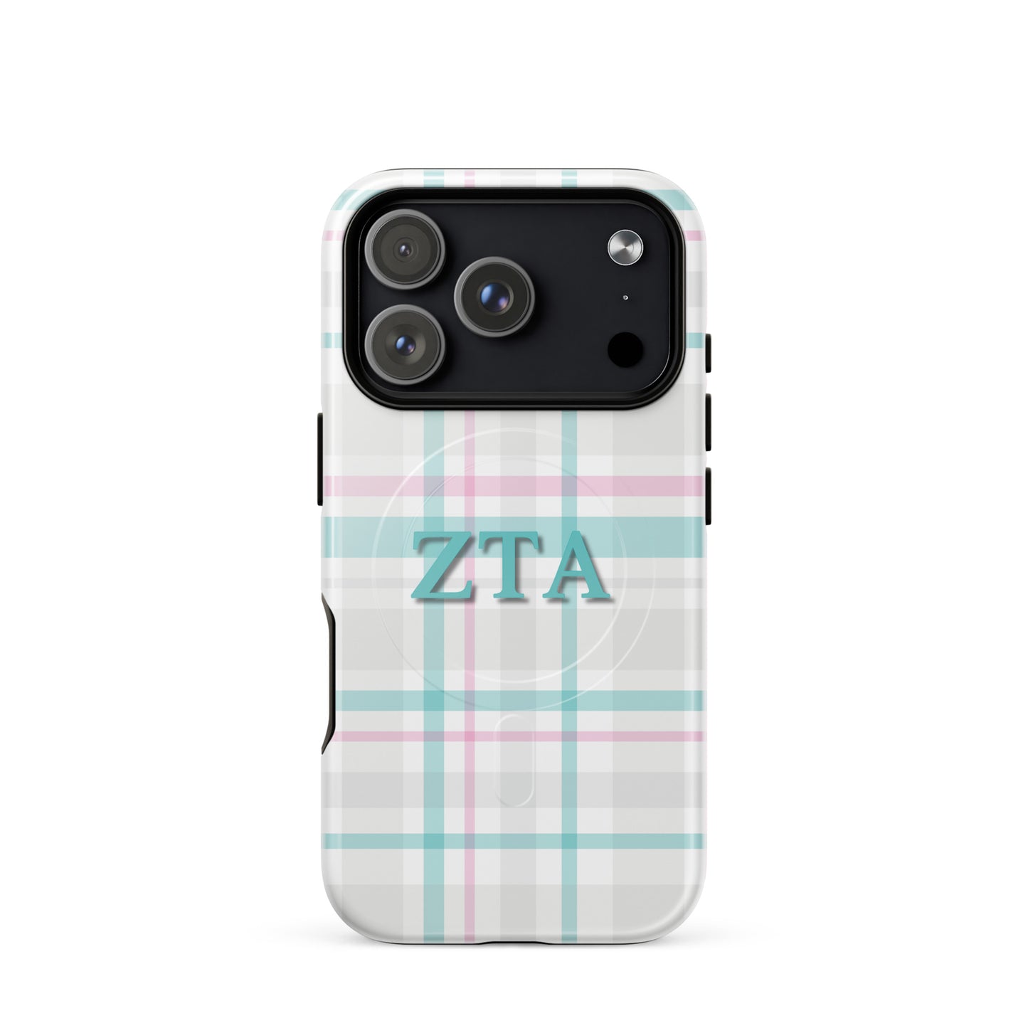 Zeta Tau Alpha iPhone 17 Pro case with soft pastel plaid pattern teal and pink ZTA letters MagSafe compatible slim case on white background