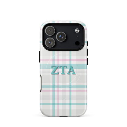 Zeta Tau Alpha iPhone 17 Pro case with soft pastel plaid pattern teal and pink ZTA letters MagSafe compatible slim case on white background
