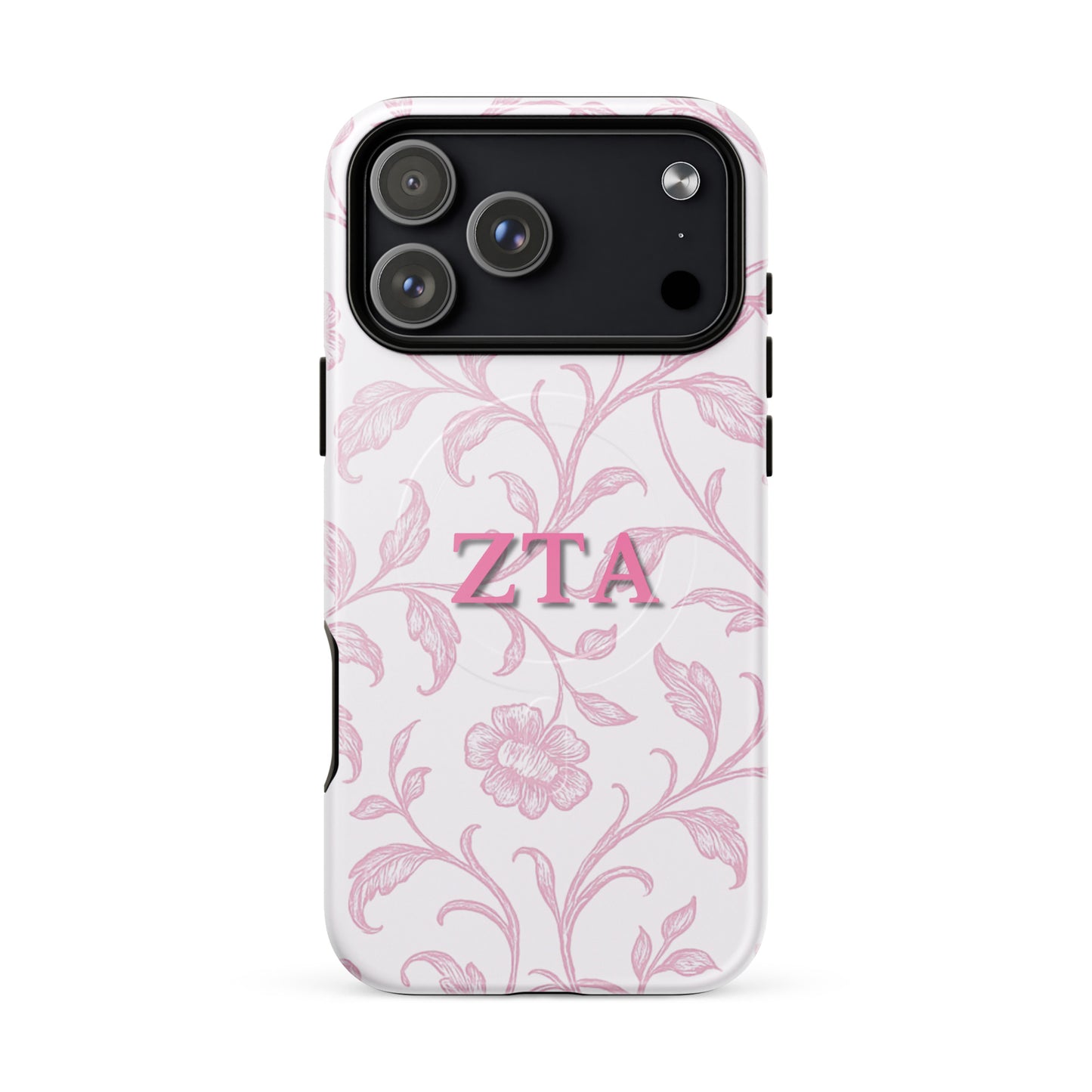 Zeta Tau Alpha floral toile iPhone 17 Pro Max case with pink vine pattern and ZTA Greek letters MagSafe compatible on white background