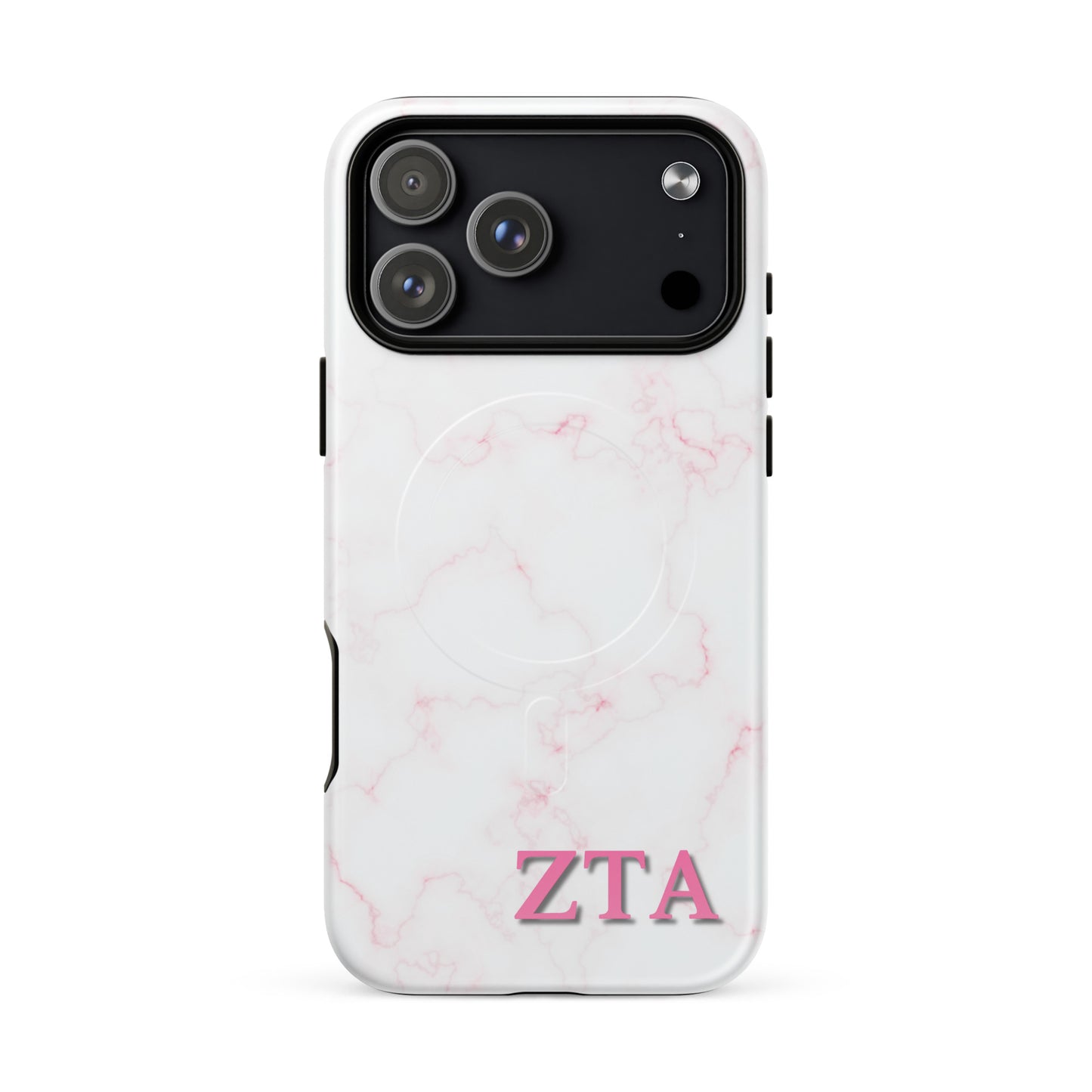 Zeta Tau Alpha marble iPhone 17 Pro Max case with soft pink veining and pink ZTA Greek letters MagSafe compatible on white background