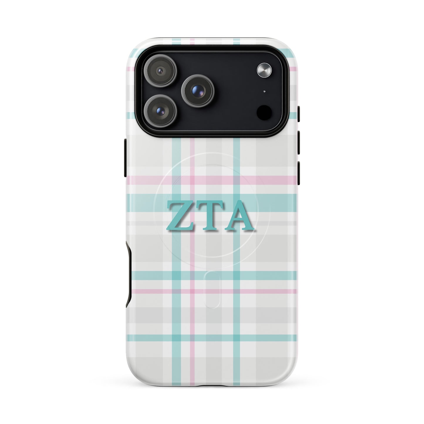 Zeta Tau Alpha plaid iPhone 17 Pro Max case with pastel teal and pink tartan pattern and ZTA Greek letters MagSafe compatible on white background