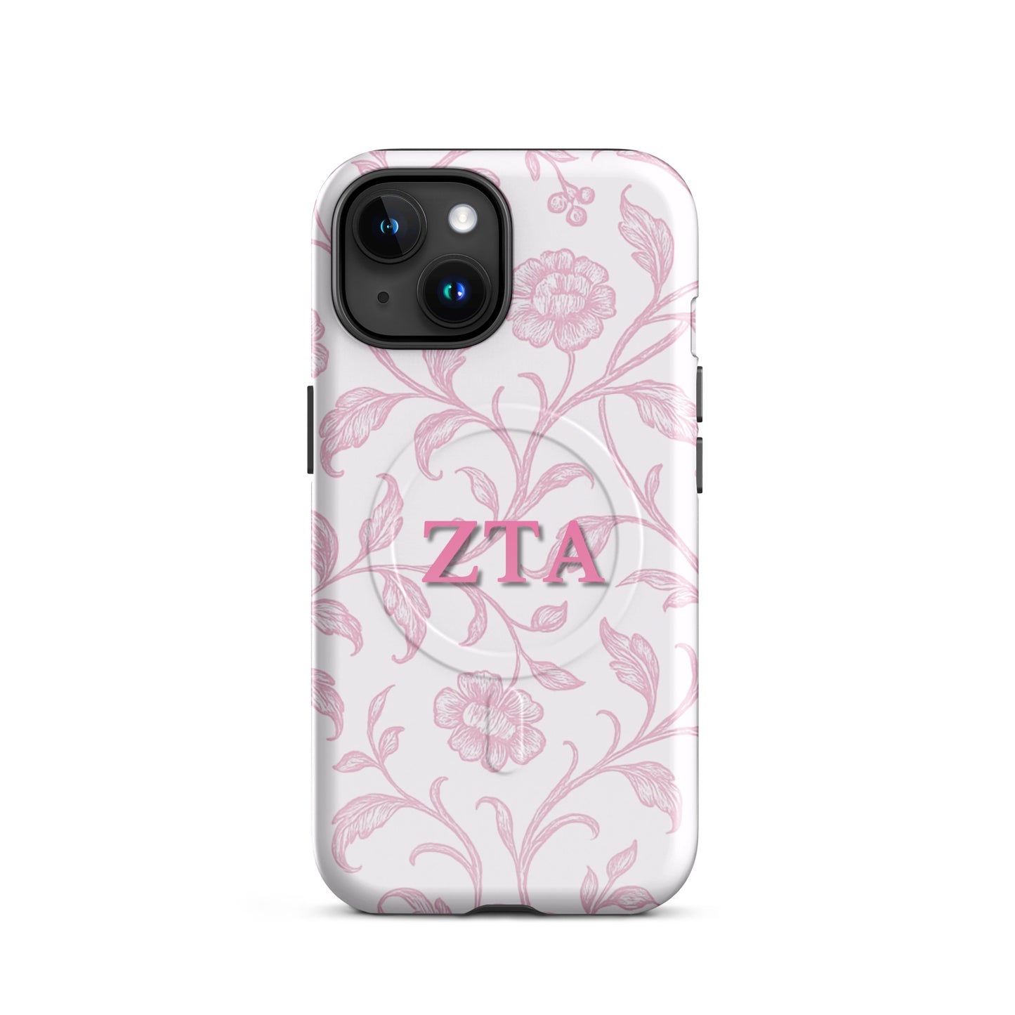 Zeta Tau Alpha floral toile iPhone case with pink vine pattern and ZTA Greek letters MagSafe compatible on white background