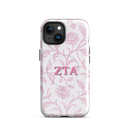 Zeta Tau Alpha floral toile iPhone case with pink vine pattern and ZTA Greek letters MagSafe compatible on white background
