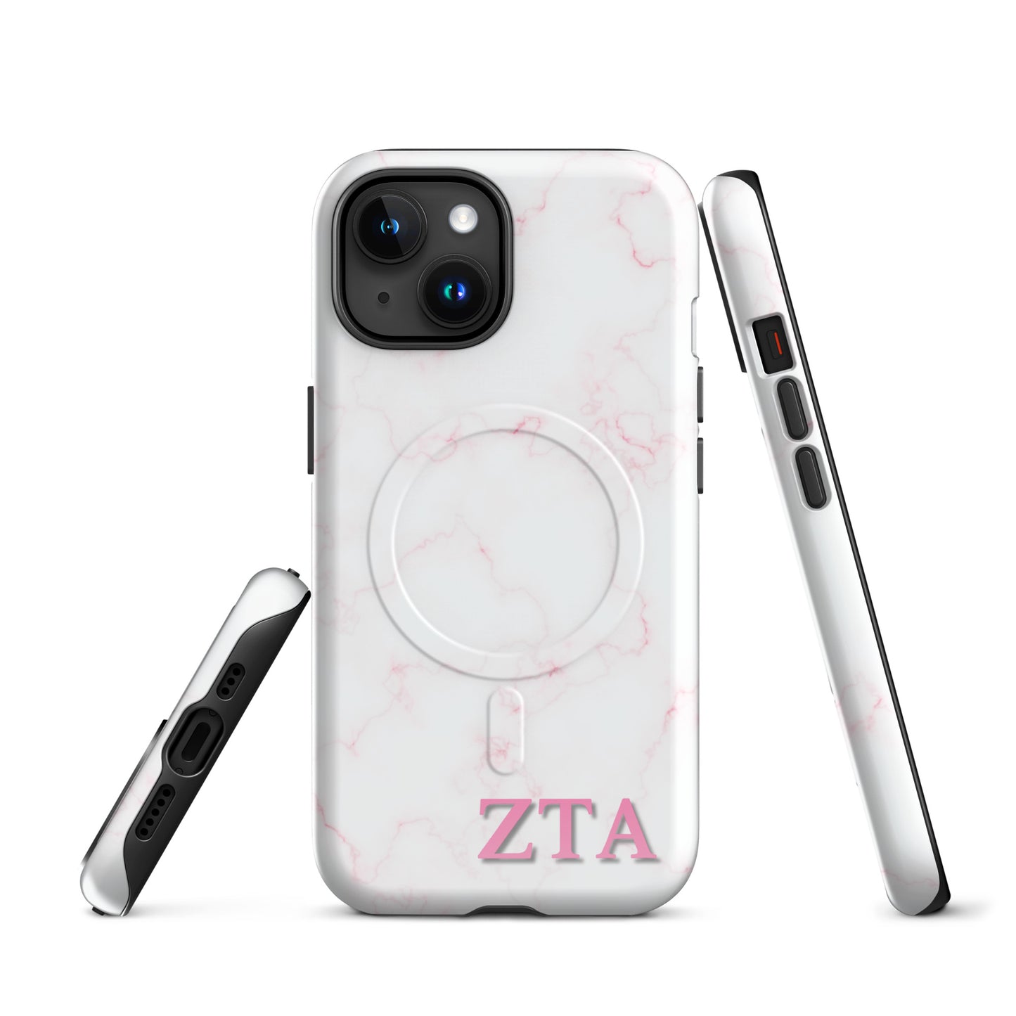 Zeta Tau Alpha marble iPhone case with soft pink veining and pink ZTA Greek letters MagSafe compatible front and side views on white background