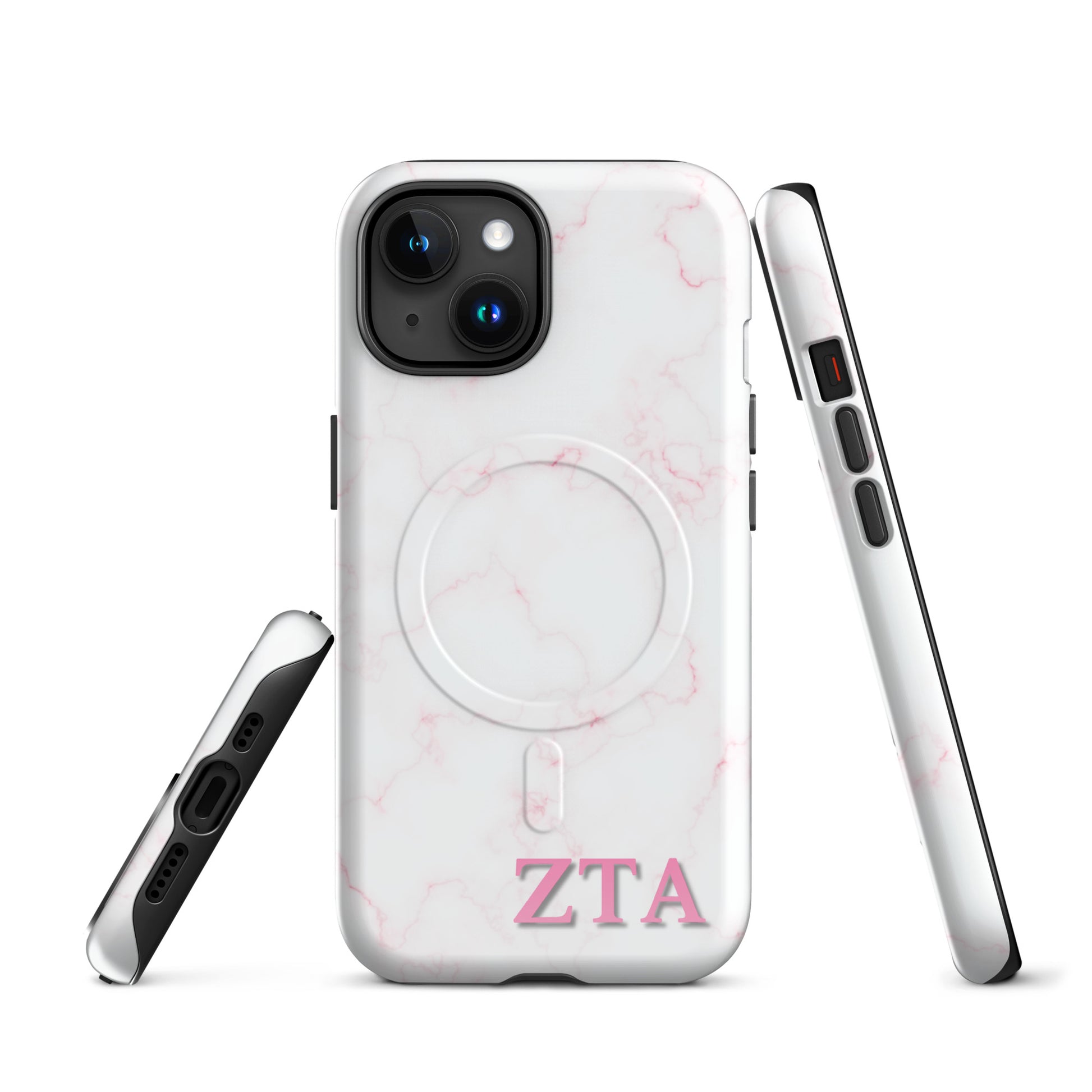 Zeta Tau Alpha marble iPhone case with soft pink veining and pink ZTA Greek letters MagSafe compatible front and side views on white background