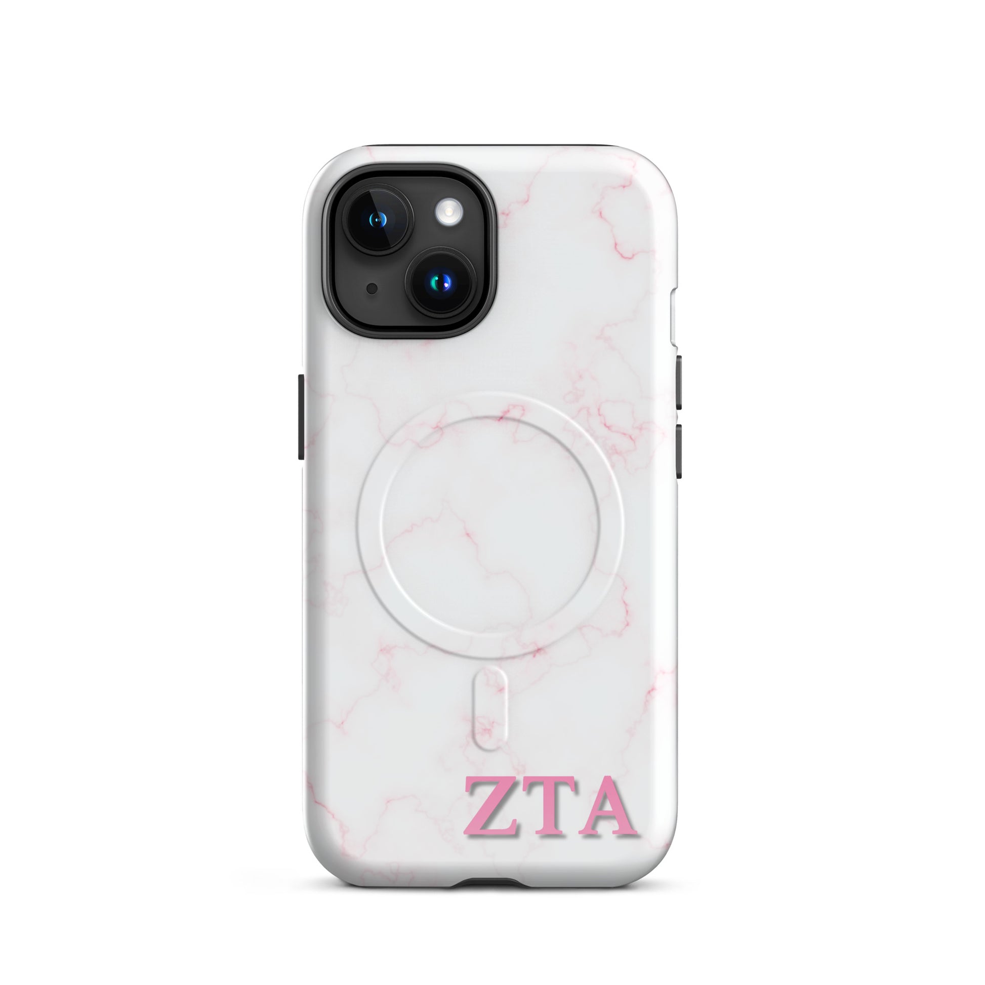 Zeta Tau Alpha marble iPhone case with soft pink veining and pink ZTA Greek letters MagSafe compatible on white background