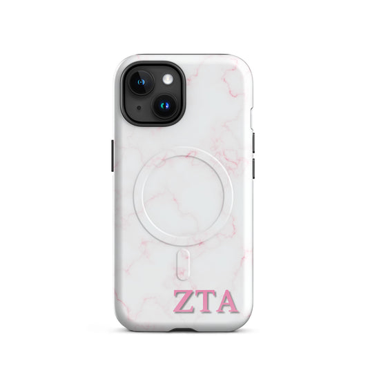 Zeta Tau Alpha marble iPhone case with soft pink veining and pink ZTA Greek letters MagSafe compatible on white background