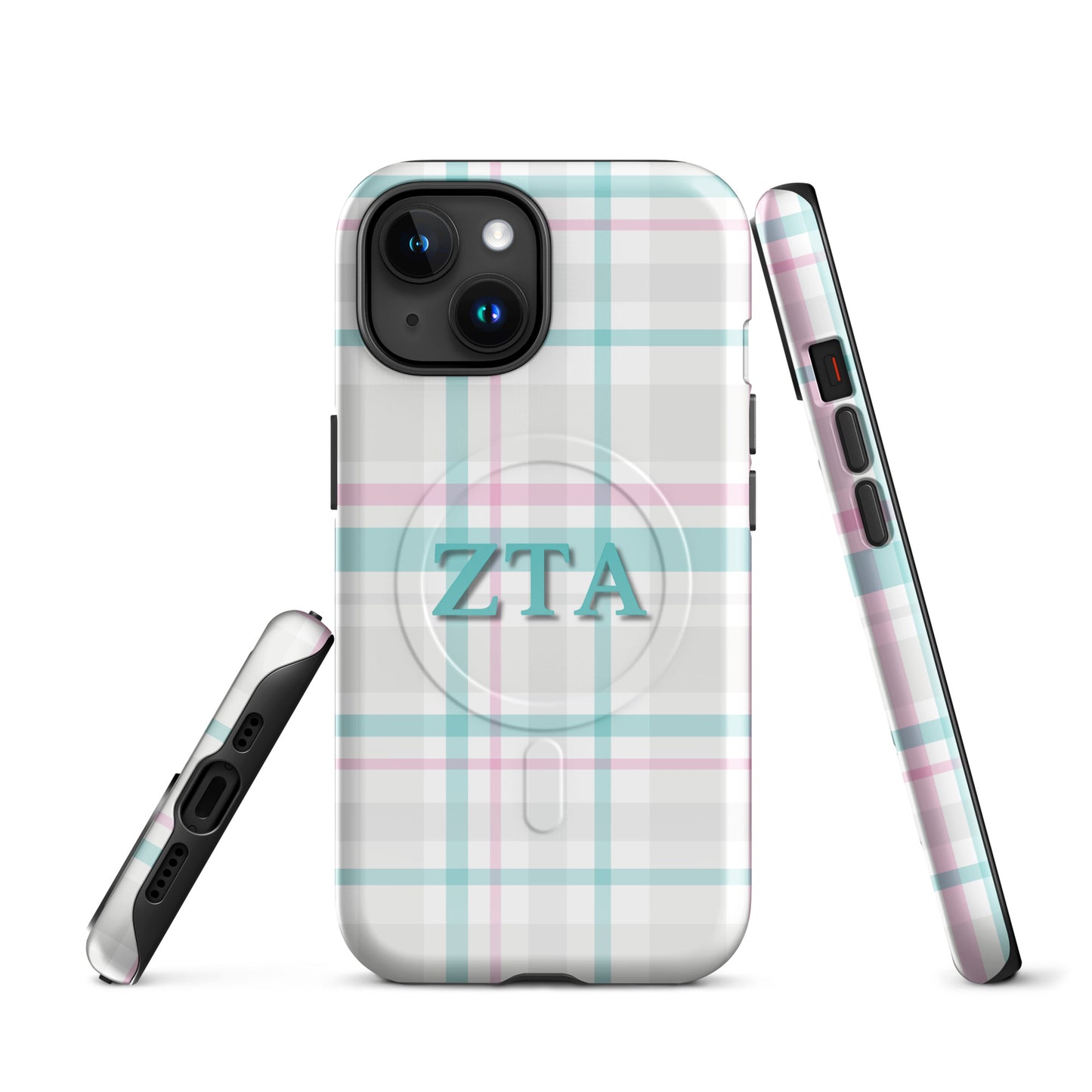 Zeta Tau Alpha plaid iPhone case with pastel teal and pink tartan pattern and ZTA Greek letters MagSafe compatible front and side views on white background